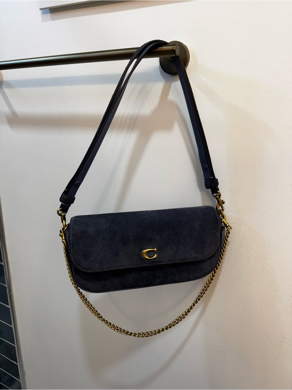 Coach Suede Shoulder Bag with Gold Chain - Nacy